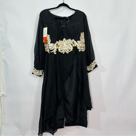 Black and Gold Appliqué 2 piece Pants suit set Semi Sheer Long Sleeves NWT Sz 10 - Picture 3 of 9